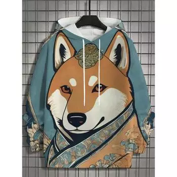 Осенне-зимняя мужская толстовка с капюшоном в стиле японского самурая сиба-ину с принтом в полный рост, унисекс, повседневная модная мужская толстовка с капюшоном L