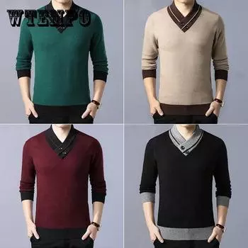 Осенне-зимняя мужская трикотажная одежда с v-образным вырезом, однотонный пуловер, теплая нижняя рубашка, мягкий повседневный свитер, термобелье 4XL зелёный