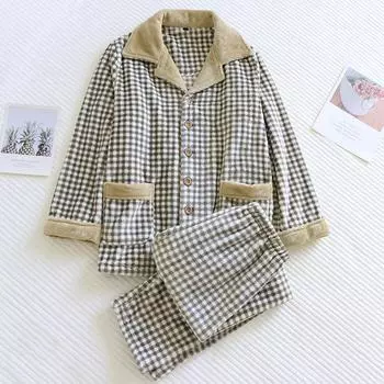 Осенне-зимняя мужская утепленная фланелевая пижама с длинными рукавами, брюки, двухсекционный клетчатый домашний костюм на пуговицах, пижама M