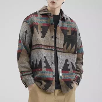 Осенне-зимняя мужская утолщенная шерстяная повседневная куртка с длинными рукавами в клетку с контрастным узором M кофейный