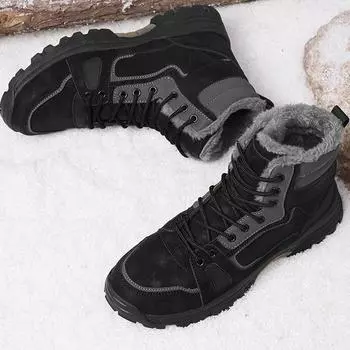 Осенне-зимняя мужская зимняя обувь из натуральной кожи с бархатом, теплая хлопковая обувь большого размера, нескользящая, износостойкая спортивная хлопковая обувь 39 чёрный