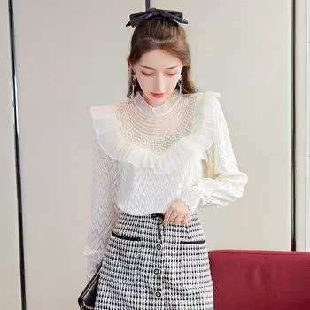 Осенне-зимняя нижняя рубашка, новая приталенная кружевная блузка с воротником-стойкой и рюшами по краям, модный топ с длинными рукавами, S-4XL S белый
