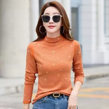 Осенне-зимняя нижняя рубашка с полуводолазкой для женщин, осенне-зимняя женская футболка с длинными рукавами в корейском стиле, тонкий и теплый топ S чёрный