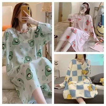 Осенне-зимняя ночная рубашка с длинным рукавом, женская корейская пижама, милая студенческая домашняя одежда больших размеров средней длины, подарок на день рождения, Рождество One size