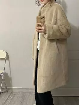 Осенне-зимняя норковая плюшевая шуба из экологического меха для женщин, длинная свободная теплая меховая шуба из норки для женщин S