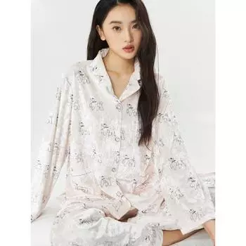 Осенне-зимняя новая элегантная женская пижама из золотистого бархата с принтом собак и удобная домашняя одежда M бежевый