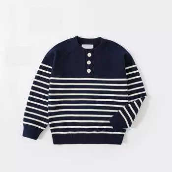Осенне-зимняя новая детская одежда для мальчиков, полурасстегнутый свитер, однослойный хлопковый полосатый топ для детей среднего и старшего возраста 110 зелёный