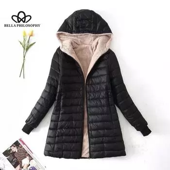 Осенне-зимняя новая длинная плюшевая хлопковая куртка с капюшоном, теплый топ для женщин, верхняя одежда, женская модная одежда, зимняя одежда S чёрный