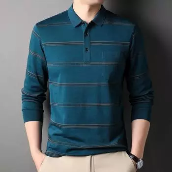 Осенне-зимняя новая футболка, мужская модная полосатая рубашка поло с лацканами, мужская одежда, майка, топ с длинными рукавами, мужская футболка M