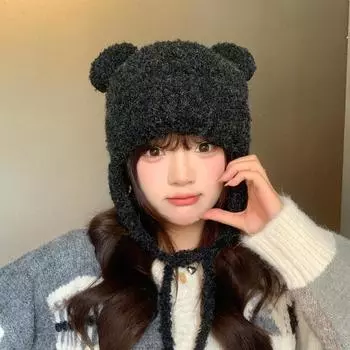 Осенне-зимняя новая милая шапка из шерсти медведя для женского лица, маленькая универсальная теплая вязаная шапка с большой окружностью головы, защитная шерстяная шапка M56-58cm чёрный