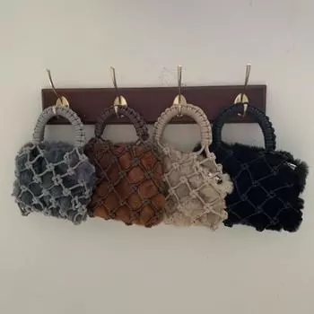 Осенне-зимняя новая мини-сумочка из искусственной веревки ручной работы с сеткой, плюшевая внутренняя сумка с модной повседневной сумкой чёрный