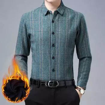 Осенне-зимняя новая мужская бархатная утолщенная рубашка среднего возраста, повседневный шерстяной кардиган в клетку, свободный теплый топ M зелёный