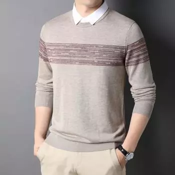 Осенне-зимняя новая мужская футболка с длинными рукавами, пуловер, имитация двух частей, повседневная рубашка в корейском стиле, воротник, трикотажная рубашка с низом M