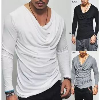 Осенне-зимняя новая мужская футболка с длинными рукавами и круглым вырезом, мужская базовая рубашка из чистого хлопка, повседневная свободная базовая футболка больших размеров M чёрный