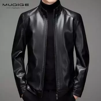 Осенне-зимняя новая мужская кожаная одежда, деловая одежда для отдыха с воротником-стойкой, бархатное толстое кожаное пальто, мужская куртка 170/M чёрный