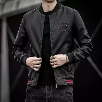 Осенне-зимняя новая мужская облегающая кожаная куртка с бейсбольным воротником, тонкая флисовая молодежная мотоциклетная мужская куртка из искусственной кожи M