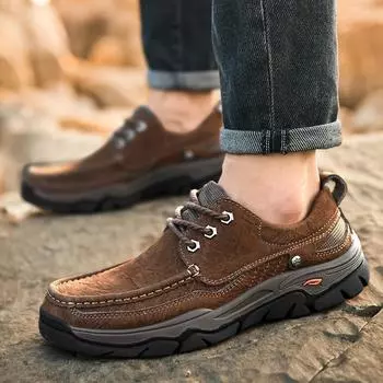 Осенне-зимняя новая мужская обувь Повседневная кожаная обувь Ботинки для скалолазания на открытом воздухе Кожаные туфли с большим носком Мягкая подошва Нескользящая обувь Большие размеры 38 чёрный