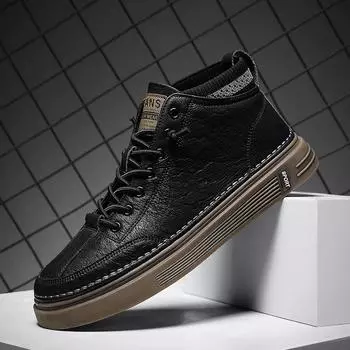 Осенне-зимняя новая мужская повседневная обувь. Кожаная обувь с высоким берцем. Износостойкая нескользящая обувь. Уличная легкая обувь на плоской подошве. 39 чёрный