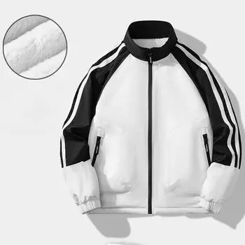 Осенне-зимняя новая мужская повседневная спортивная куртка с воротником-стойкой, ворсистая и утолщенная, теплая, модная мужская бейсбольная майка с тремя полосками M белый