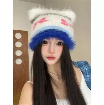 Осенне-зимняя новая полосатая вязаная шерстяная шапка с кошачьими ушками, женская утолщенная теплая шапка ручной работы для защиты ушей Lei Feng average size (55-59cm)