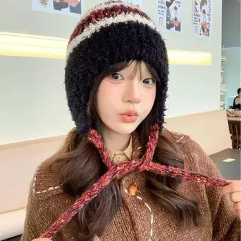 Осенне-зимняя новая шапка женская плюшевая студенческая вязаная шапка универсальная термозащитная шапка шерстяная шапка утолщенная модная One Size чёрный