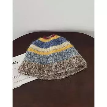 Осенне-зимняя новая шапка женская ретро-атмосфера вязаная вручную полосатая панама с изображением маленького лица теплая шерсть M56—58cm