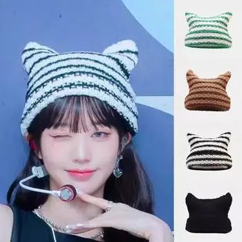 Осенне-зимняя новая шерстяная шапка с рисунком «японский дьяволенок» полосатая вязаная шапка с ушками кошки теплая шапка-ушанка остроконечная шапка белый