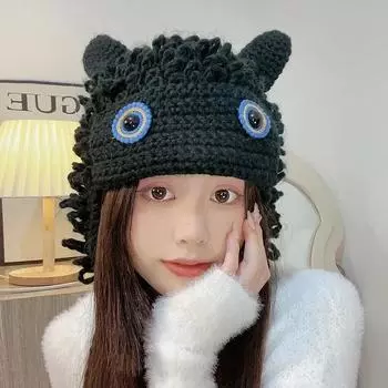 Осенне-зимняя новая шерстяная шапка женская, ручная работа, плетеный головной убор в виде монстра из мультфильма, милый и симпатичный головной убор M56-58cm зелёный