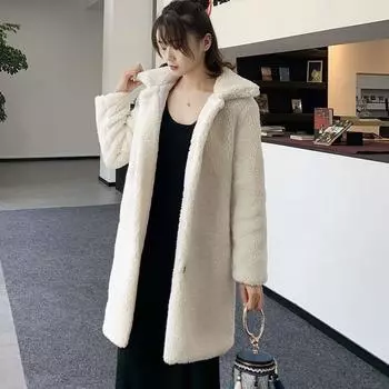 Осенне-зимняя новая шуба из овечьей шерсти, женская, средней и длинной длины, с тонкими отворотами, из гранулированного флиса, имитация меха S хаки