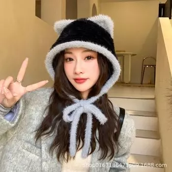 Осенне-зимняя новая симпатичная плюшевая шапка с кошачьими ушками женская плюшевая теплая вязаная шапка для защиты ушей от холода average size