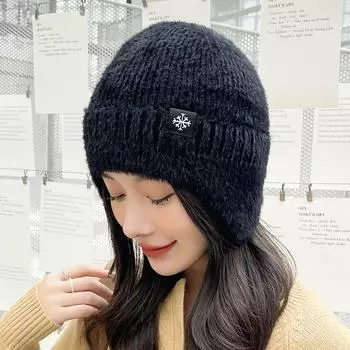 Осенне-зимняя новая стандартная вязаная шапка со снежинками, простая модная повседневная шерстяная шапка, теплая защита для ушей M56-58cm чёрный