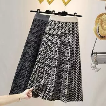 Осенне-зимняя новая трикотажная полосатая юбка, женская высококачественная юбка трапециевидной формы в один шаг, длинная юбка выше колена с высокой талией и запахом на бедрах