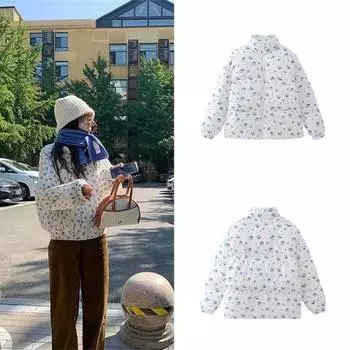 Осенне-зимняя новая женская мода и универсальное американское печатное пальто из утолщенного хлопка с воротником-стойкой на молнии S белый