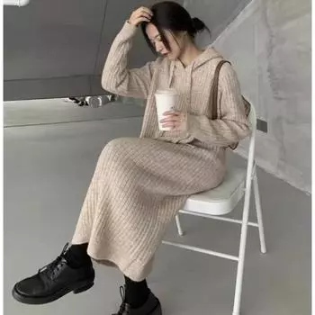 Осенне-зимняя новая женская одежда больших размеров, большая пластина, утолщенный свитер с капюшоном, платье, длинная верхняя одежда, трикотажная юбка, длинное платье One Size темно-серого