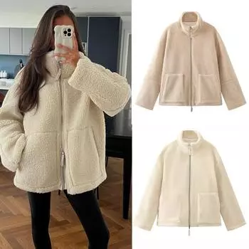 Осенне-зимняя новая женская одежда однотонное ленивое пальто из овечьей шерсти с высоким воротником и карманами из шерсти с плюшем S