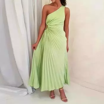 Осенне-зимняя новая женская одежда платье на одно плечо с диагональным воротником однотонное мятое платье S светло-зеленый