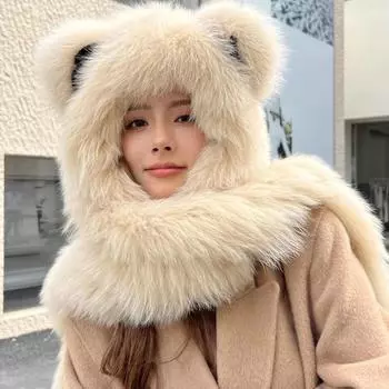 Осенне-зимняя новая женская шапка-шарф, все в одном, из двух частей, сетчатая красная, фото из фильма, теплая, утолщенная, лисья, плюшевая шапка-шарф