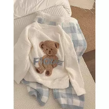 Осенне-зимняя новая женская теплая пижама, домашняя одежда, костюм в стиле колледжа, полуфлисовая пижама с рисунком медведя, для девочек, утепленная домашняя одежда XXL коричневый