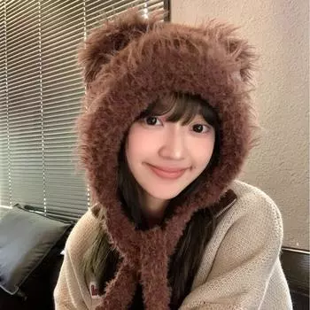 Осенне-зимняя новая женская вязаная шапка с милым плюшевым медведем, утолщенная теплая и морозостойкая шерстяная шапка, повседневная шапка one size fits all хаки