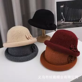 Осенне-зимняя новая женская вязаная универсальная теплая утолщенная модная шерстяная шапка-тазик для бабушки и старика с бантом average size легкие хаки