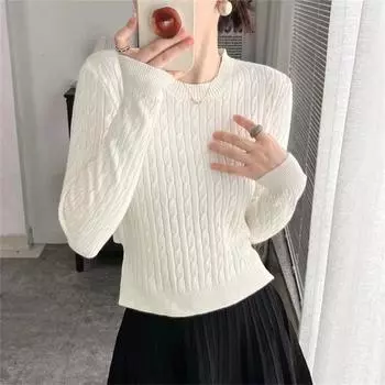 Осенне-зимняя новинка, рубашка с круглым вырезом и длинными рукавами, однотонный вязаный свитер, женский тонкий и повседневный универсальный топ One size бежевый