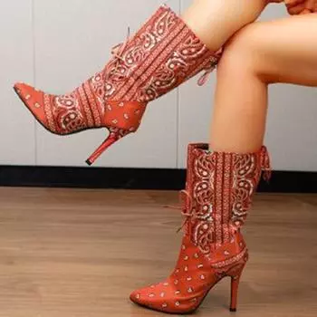 Осенне-зимняя обувь больших размеров, удобные, с острым тонким каблуком, камуфляжные, эластичные, с завязками на высоком каблуке, женские сапоги 36 оранжевый