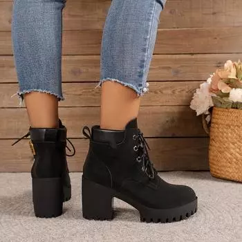 Осенне-зимняя обувь больших размеров в стиле ретро на толстом каблуке с высоким каблуком и шнуровкой, удобные короткие женские сапоги-трубы 35 чёрный