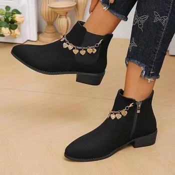 Осенне-зимняя обувь. Ботинки женские Joker с металлической цепочкой и однотонной молнией. 36 чёрный