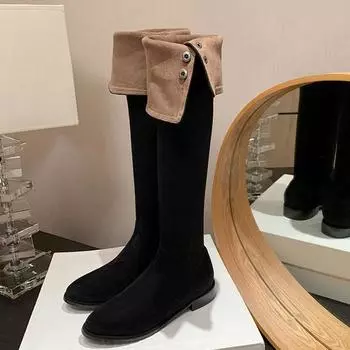 Осенне-зимняя обувь из флока Krazing Pot на толстом низком каблуке, эластичные сапоги европейского дизайна, женские теплые сапоги до бедра