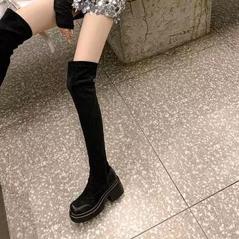Осенне-зимняя обувь из флока Krazing Pot, женские эластичные высокие сапоги до бедра на толстом высоком каблуке с круглым носком