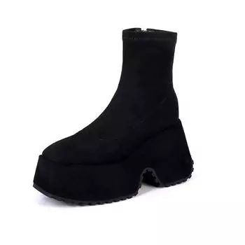 Осенне-зимняя обувь из флока Krazing Pot, непромокаемые женские ботильоны на толстом высоком каблуке с круглым носком и застежкой-молнией
