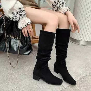 Осенне-зимняя обувь из флока Krazing, женские высокие сапоги до бедра с плиссированными украшениями 35 коричневый