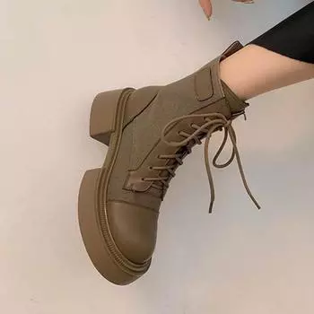 Осенне-зимняя обувь из коровьей кожи Krazing Pot, повседневные женские ботильоны на толстом среднем каблуке с круглым носком на шнуровке 34 чёрный