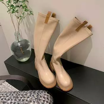 Осенне-зимняя обувь из микрофибры Krazing Pot, эластичные ботинки на среднем каблуке в консервативном стиле, женские теплые сапоги до бедра 34 чёрный